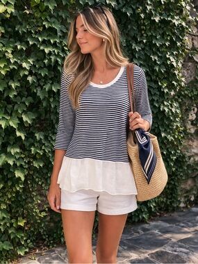 COMME TOI Navy and White Striped Layered Nautical Jersey Knit Top, XXL